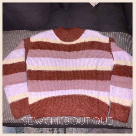 Mock Neck Fuzzy Striped Knit Sweater - Picture 5 of 8